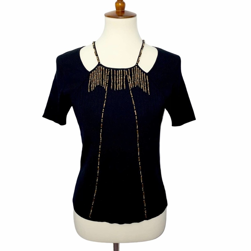S Ziani Couture Black Fringe Beaded Ribbed Stretchy Cut Out Blouse Top